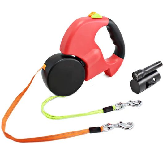 Dual Headed Pet Leash with Flashlight & Garbage Bag Box